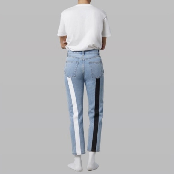 Still Here Tate Jeans Size 26 High Rise Straight Leg Asymmetric Stripe Denim - Picture 14 of 15